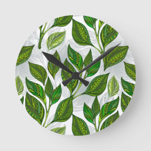 Horloge Ronde Motif sans couture avec Feuilles de thé vert