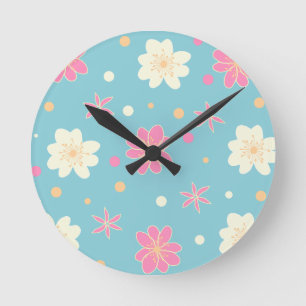 Horloge Ronde motif sans couture avec fleurs rose et blanche