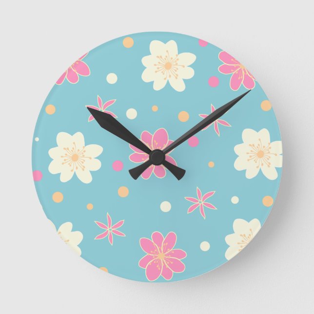 Horloge Ronde motif sans couture avec fleurs rose et blanche (Recto)