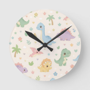 Horloge Ronde Motif sans couture de dinosaure bébé mignon pastel