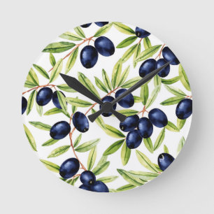 Horloge Ronde Motif sans couture d'olives noires à l'aquarelle é