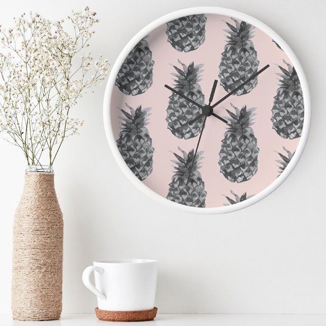 Horloge Ronde Motif sans plomb gris et ananas rose (Créateur téléchargé)
