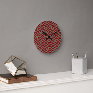 Horloge Ronde Motif Sayagata, Japonais, Bourgogne et Or