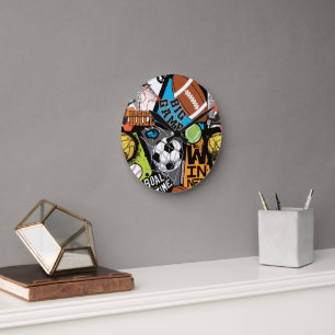 Horloge Ronde Motif Sportif Avec Ballons