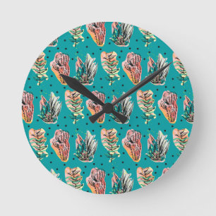 Horloge Ronde Motif Succulent de Cactus Graphiques Abstraits