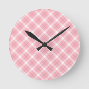 Horloge Ronde Motif Tartan Rose Et Blanc