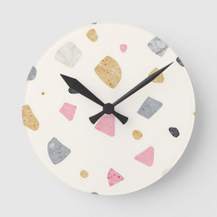 Horloge Ronde Motif Terrazzo Abstrait Rose Gris Or