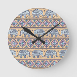 Horloge Ronde Motif tribal Blue Ethnic Elephant