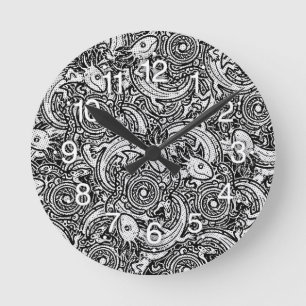 Horloge Ronde Motif tribal Xolotl Axolotl aztèque noir et blanc