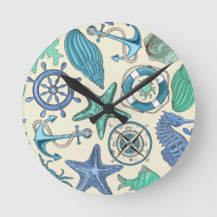 Horloge Ronde Motif turquoise d'animaux de mer