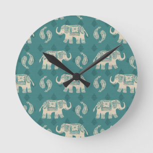 Horloge Ronde Motif turquoise de caravane d'éléphant