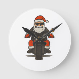 Horloge Ronde Motocyclette de Noël vintage drôle de père Noël mo