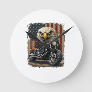 Horloge Ronde Motocyclette Drapeau USA Rétro Biker Chopper