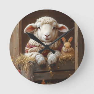 Horloge Ronde Moutons et lapin douillets en Grange avec Fleurs