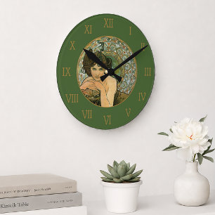 Horloge Ronde Mucha Vintage Green Emerald Tentatrice Élégante