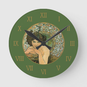 Horloge Ronde Mucha Vintage Vert Émeraude Tentatrice Élégante