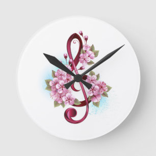 Horloge Ronde Musical treble clef notes with Sakura flowers