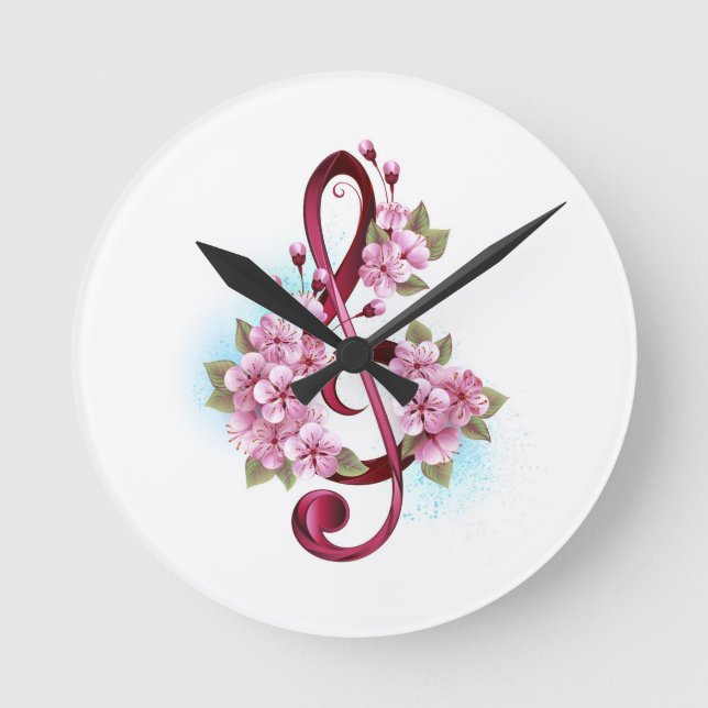 Horloge Ronde Musical treble clef notes with Sakura flowers (Recto)