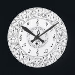 Horloge Ronde Musique, notes musicales<br><div class="desc">Musique,  Notes Musicales,  Notes,  Noir Et Blanc,  Élégant,  Professeur De Musique, </div>