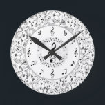 Horloge Ronde Musique, notes musicales<br><div class="desc">Musique,  Notes Musicales,  Notes,  Noir Et Blanc,  Élégant,  Professeur De Musique, </div>