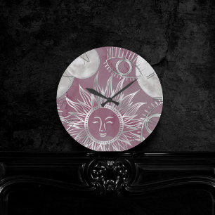 Horloge Ronde Mystique solaire   Rose Argent Lune Étoiles Soleil