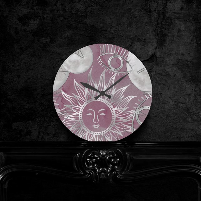 Horloge Ronde Mystique solaire | Rose Argent Lune Étoiles Soleil (Créateur téléchargé)