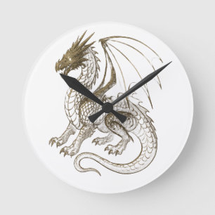 Horloge Ronde Mythique Argent Dragon Vintage Imaginaire graphiqu