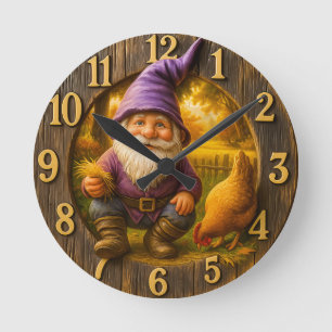 Horloge Ronde Nain de jardin vintage & poule rustique ferme