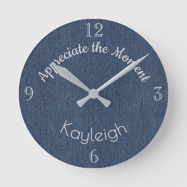Horloge Ronde Name, Blue Denim Print, Positive Quote (Recto)