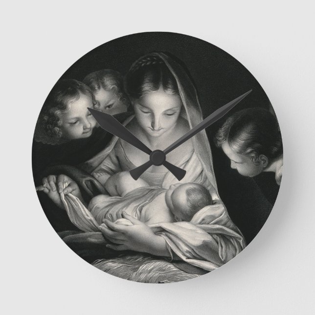 Horloge Ronde Nativity Baby Jesus Virgin Mary Angels Black White (Recto)
