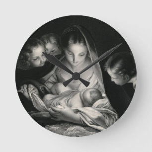 Horloge Ronde Nativity Baby Jesus Virgin Mary Angels Black White