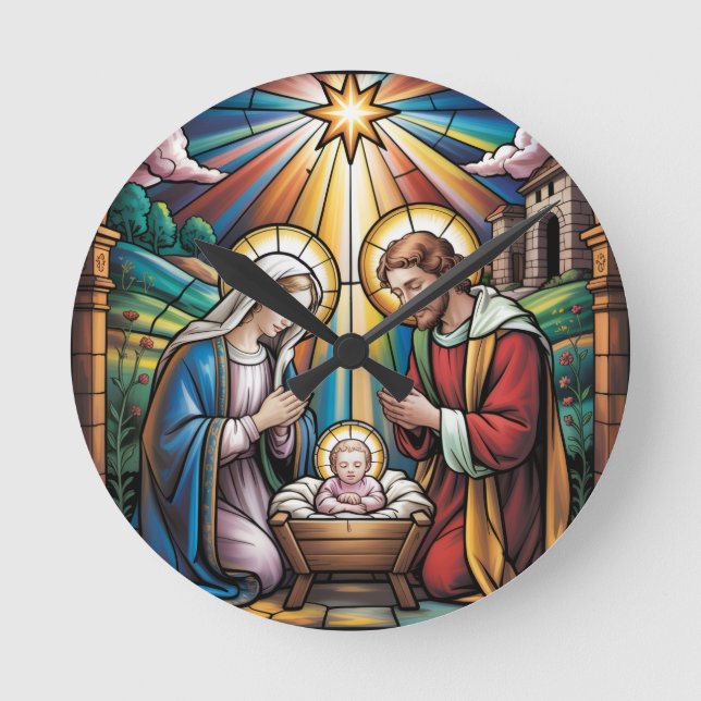 Horloge Ronde Nativity Stained Glass Art – Holy Family Christmas (Recto)