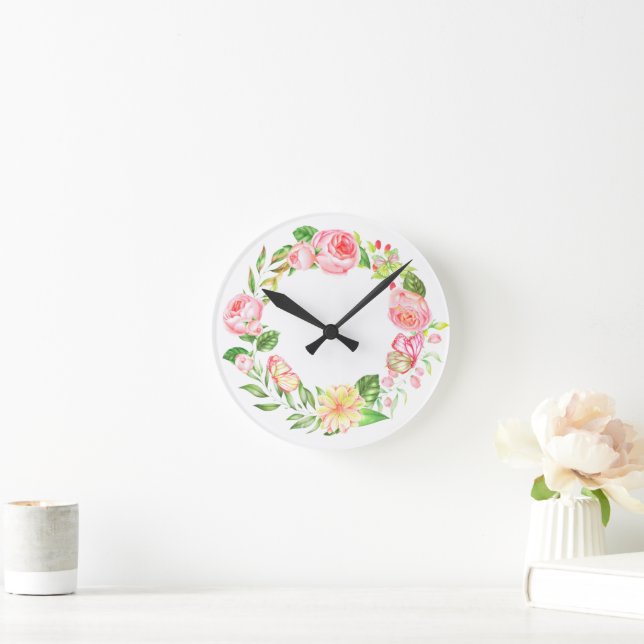 Horloge Ronde Nature botanique aquarelle fleur rose couronne (Maison)