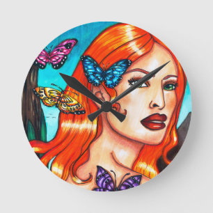 Horloge Ronde Nature Girl Butterflies original fantasy art Canva