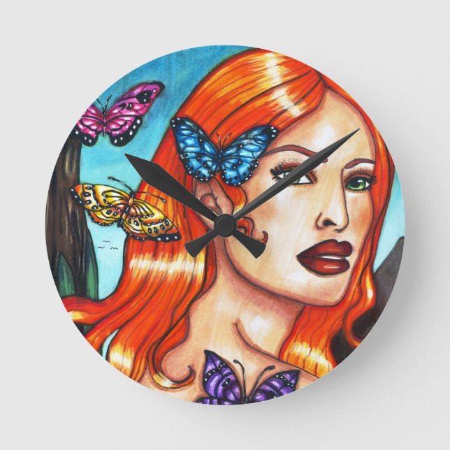 Horloge Ronde Nature Girl Butterflies original fantasy art Canva (Recto)