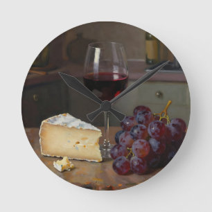 Horloge Ronde Nature morte réaliste au vin rouge, fromage et rai