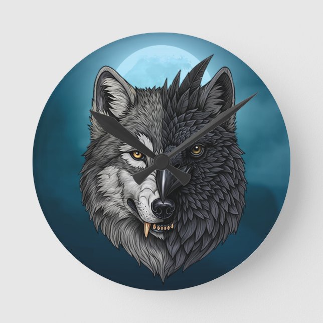 Horloge Ronde Nature sauvage Lune Corbeau de loup (Recto)