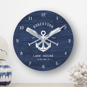 Horloge Ronde Nautical Lake House Nom de famille Ancre Blue Wood