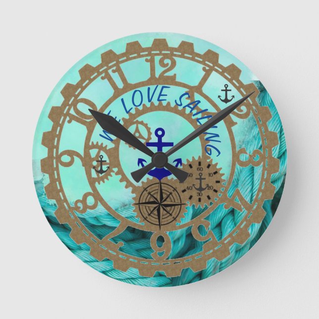 Horloge Ronde Nautical Sailing Clock Aqua et Gold Gears (Recto)