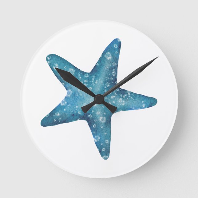 Horloge Ronde Nautical Watercolor Blue Starfish (Recto)