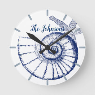 Horloge Ronde Nautilus Seashell & Starfish Marine Life Custom