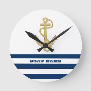 Horloge Ronde Nautique, Ancre d'Or  Bleu Marine Rayures Blanches