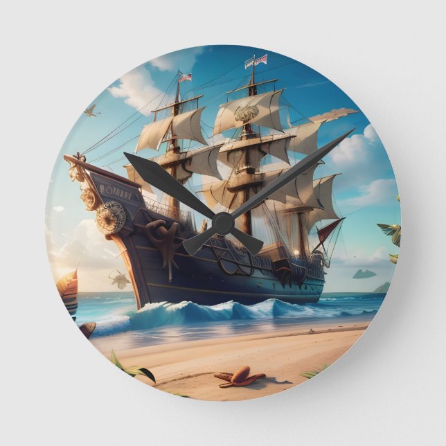 Horloge Ronde Navire pirate de plage tropicale (Recto)