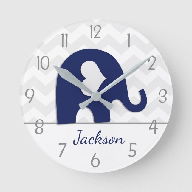 Horloge Ronde Navy Blue Grey Elephant Nursery Wall Clock (Recto)