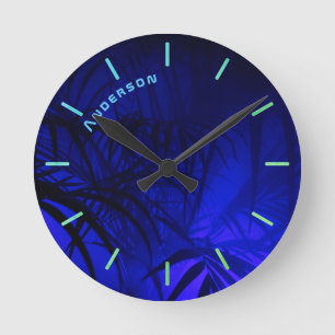Horloge Ronde Neon BLUE PALM Leaf Mur personnalisé