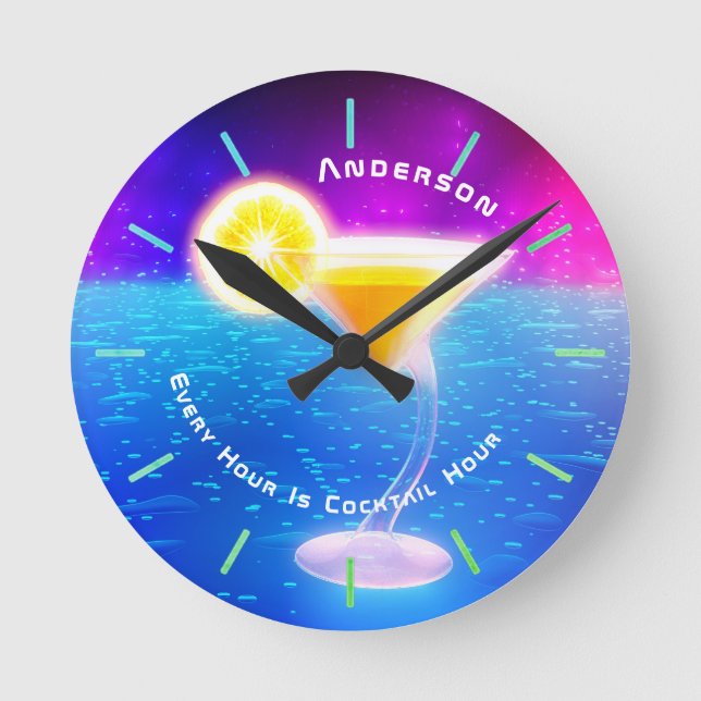 Horloge Ronde Neon COCKTAIL Hour Tropical Personnalisé Mur (Recto)