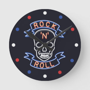 Horloge Ronde Neon Rock N Rouleau Crâne Rouge Bleu Blanc Mur Hor