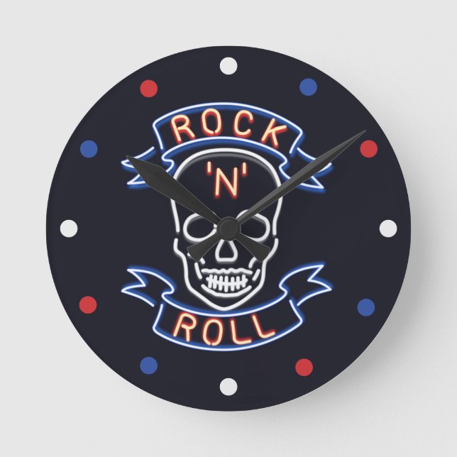 Horloge Ronde Neon Rock N Rouleau Crâne Rouge Bleu Blanc Mur Hor (Recto)