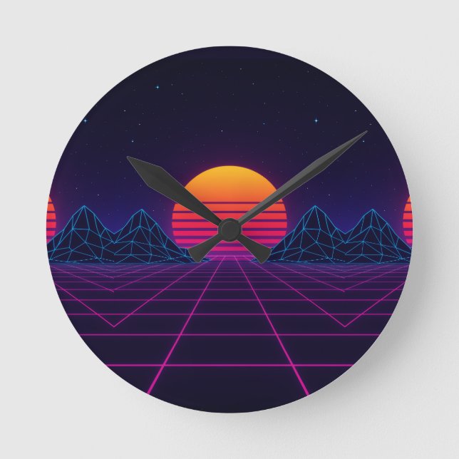 Horloge Ronde Neon Sunset Grid - Rétro-Futuriste Synthwave Stic (Recto)