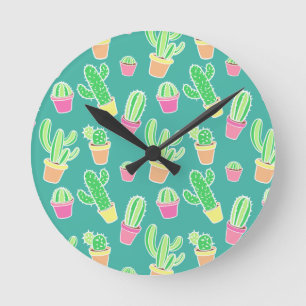 Horloge Ronde Neon Watercolor Cactus In Pot Pattern